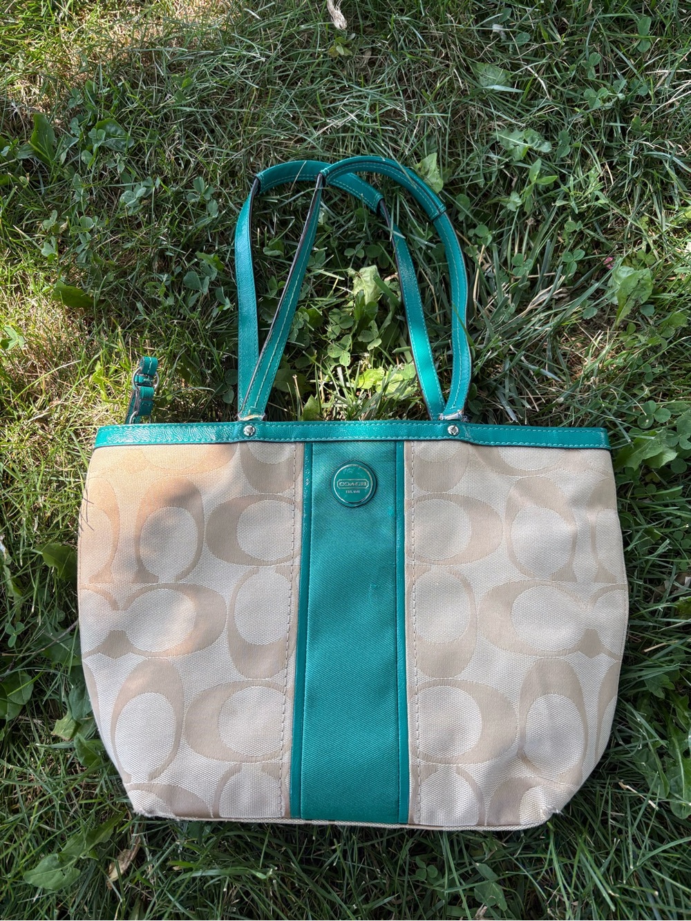 Coach Signature Jacquard Tote Bag Beige & Teal Leather Shoulder Bag AS IS